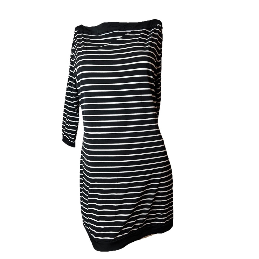 White House Black Market Tunic Dress L Black White Stripes Boat Coastal 3/4 Slv